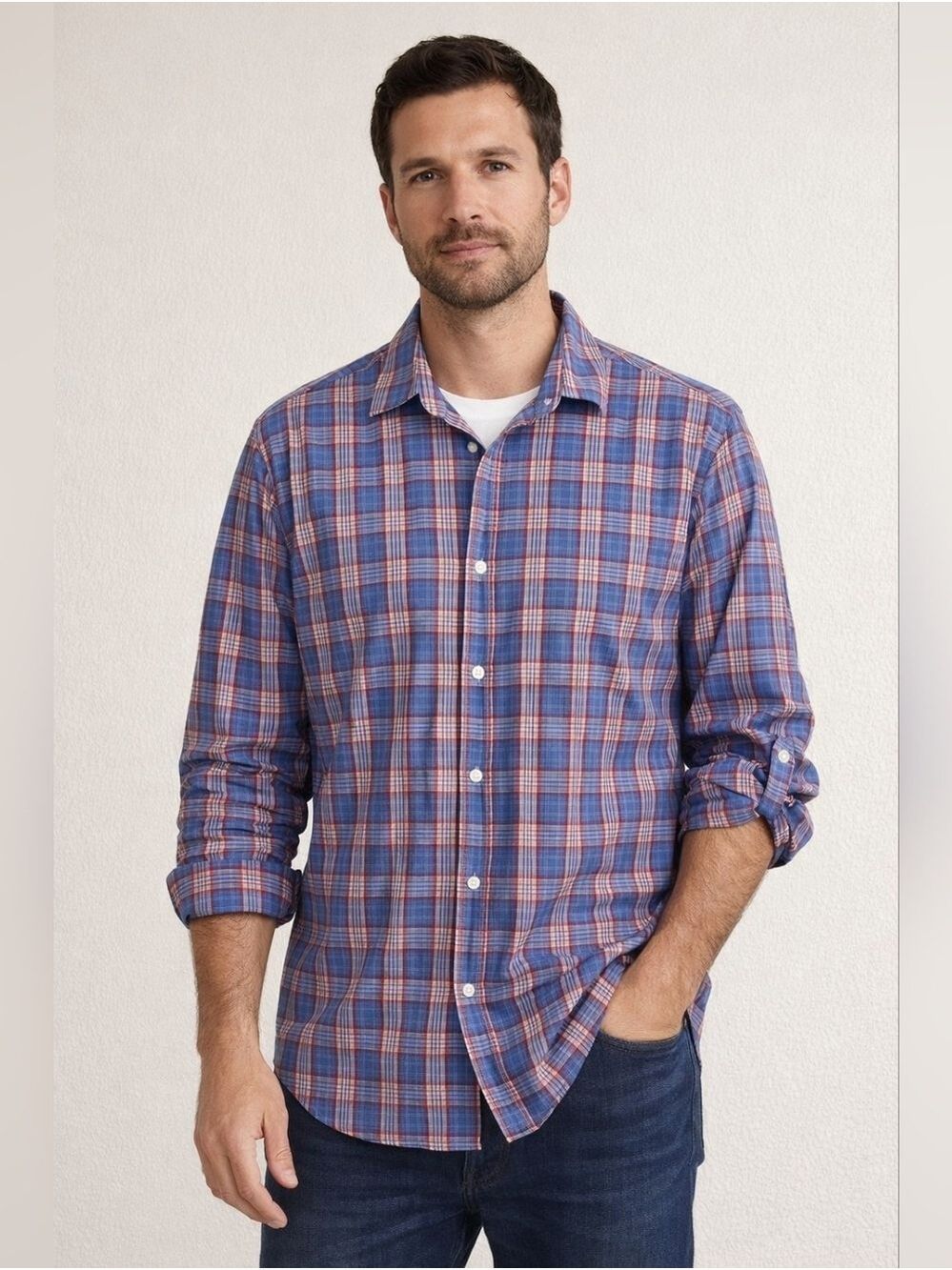 Banana Republic Plaid Button Down Shirt Men XL Blue Red Casual